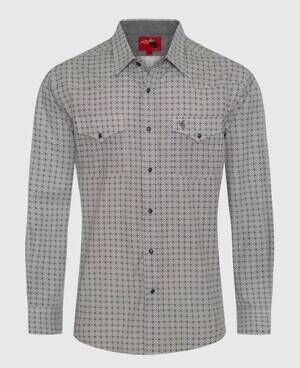 NEW RODEO CLOTHING men's pearl snap long sleeve shirt in tan/black